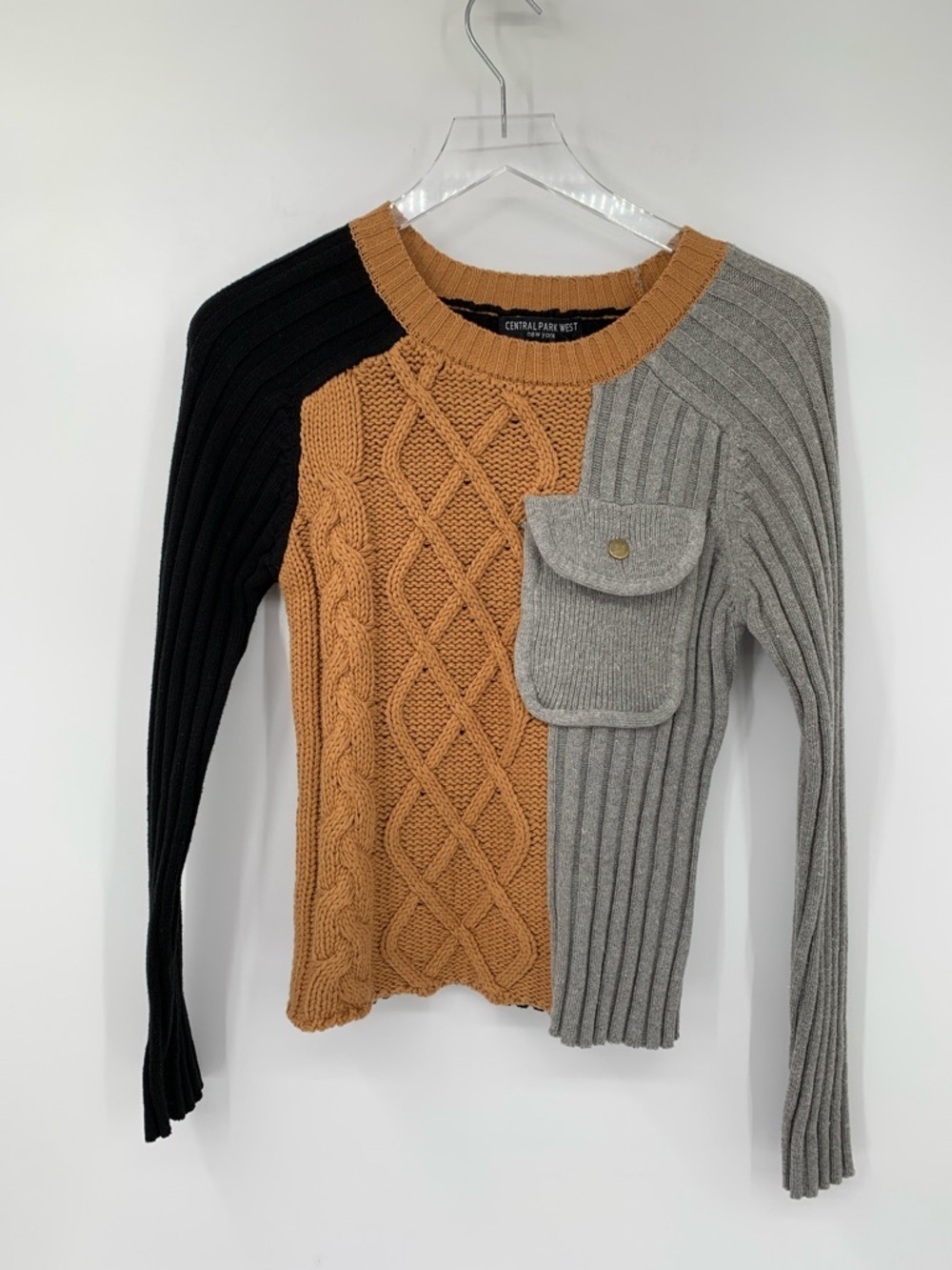 Central Park West Colorblock Patchwork sweater ribbed cable tan black new XS
